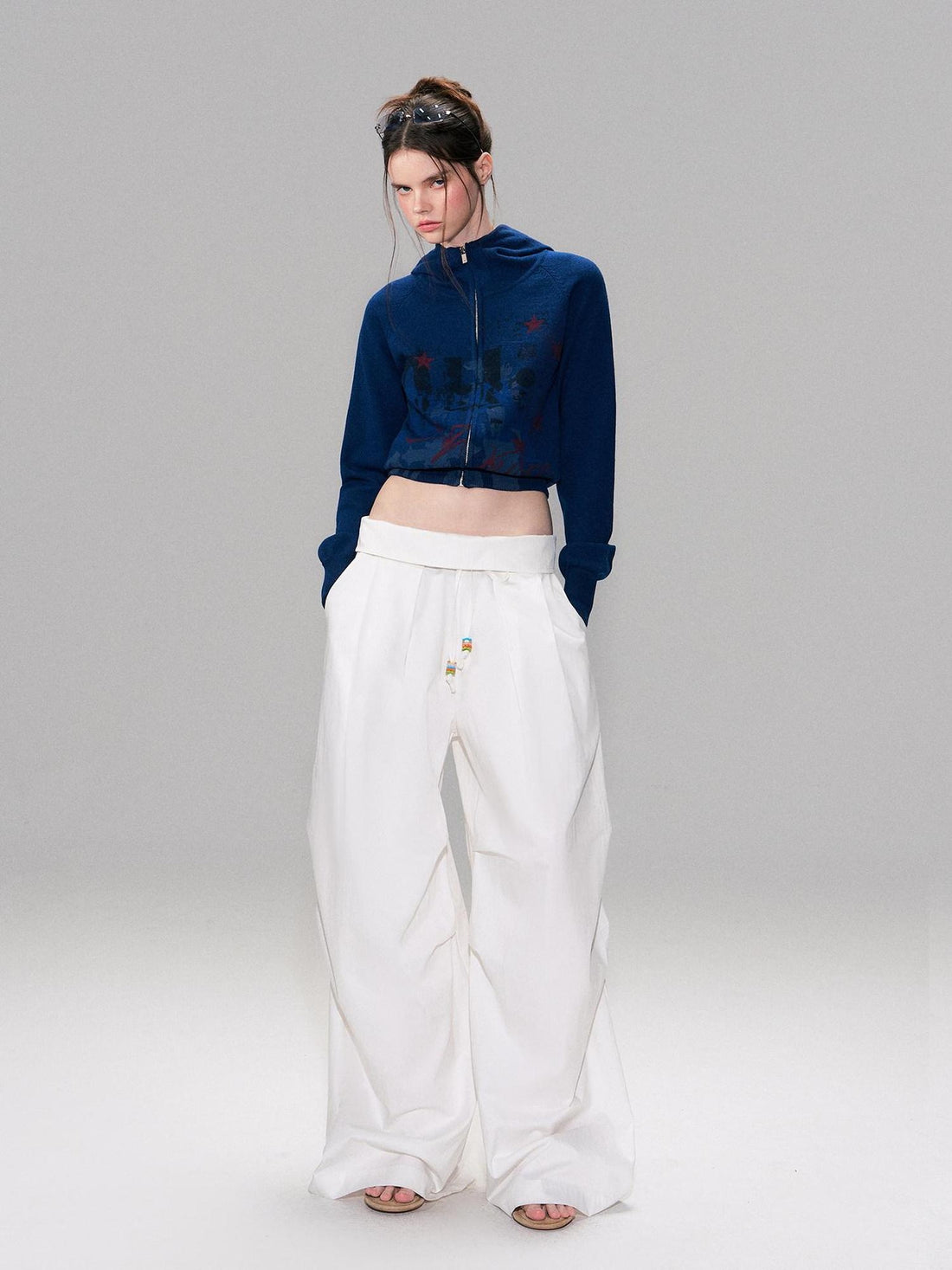 The NeverMore Cotton Blend Vintage Curved Cut Natural Waist Women White Wide Leg Pants