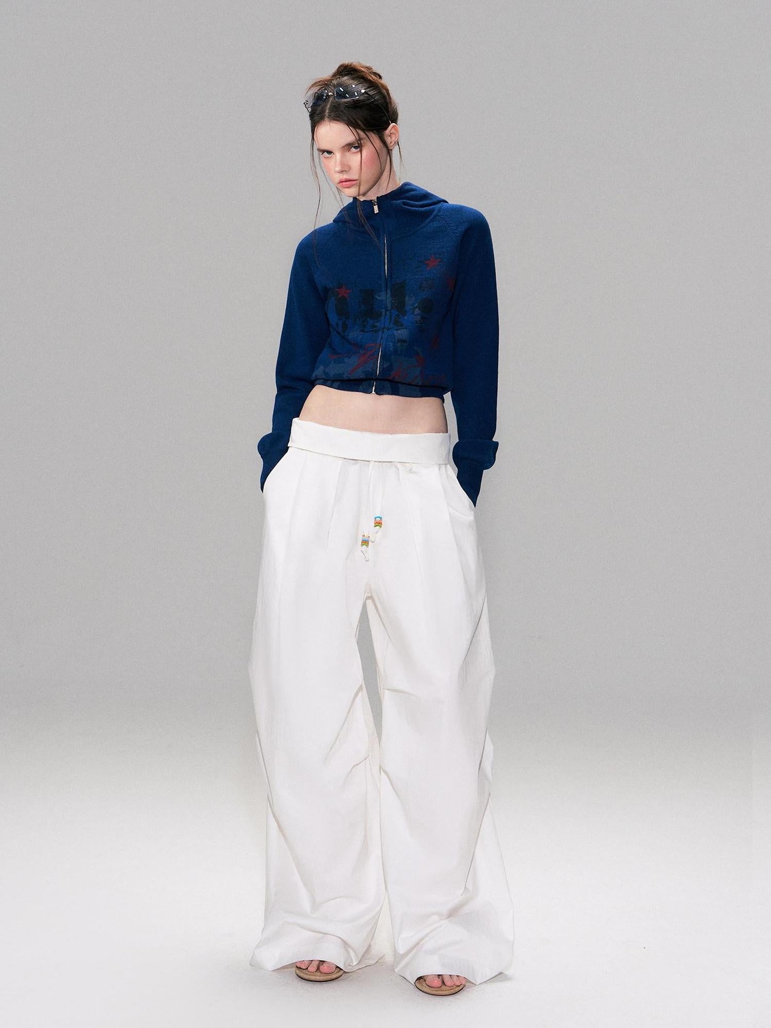 The NeverMore Cotton Blend Vintage Curved Cut Natural Waist Women White Wide Leg Pants