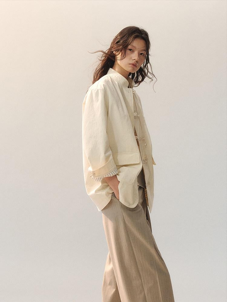 AnnoMundi 100 Percent Cotton Chinese Loose Fit Women Casual Beige Overshirts