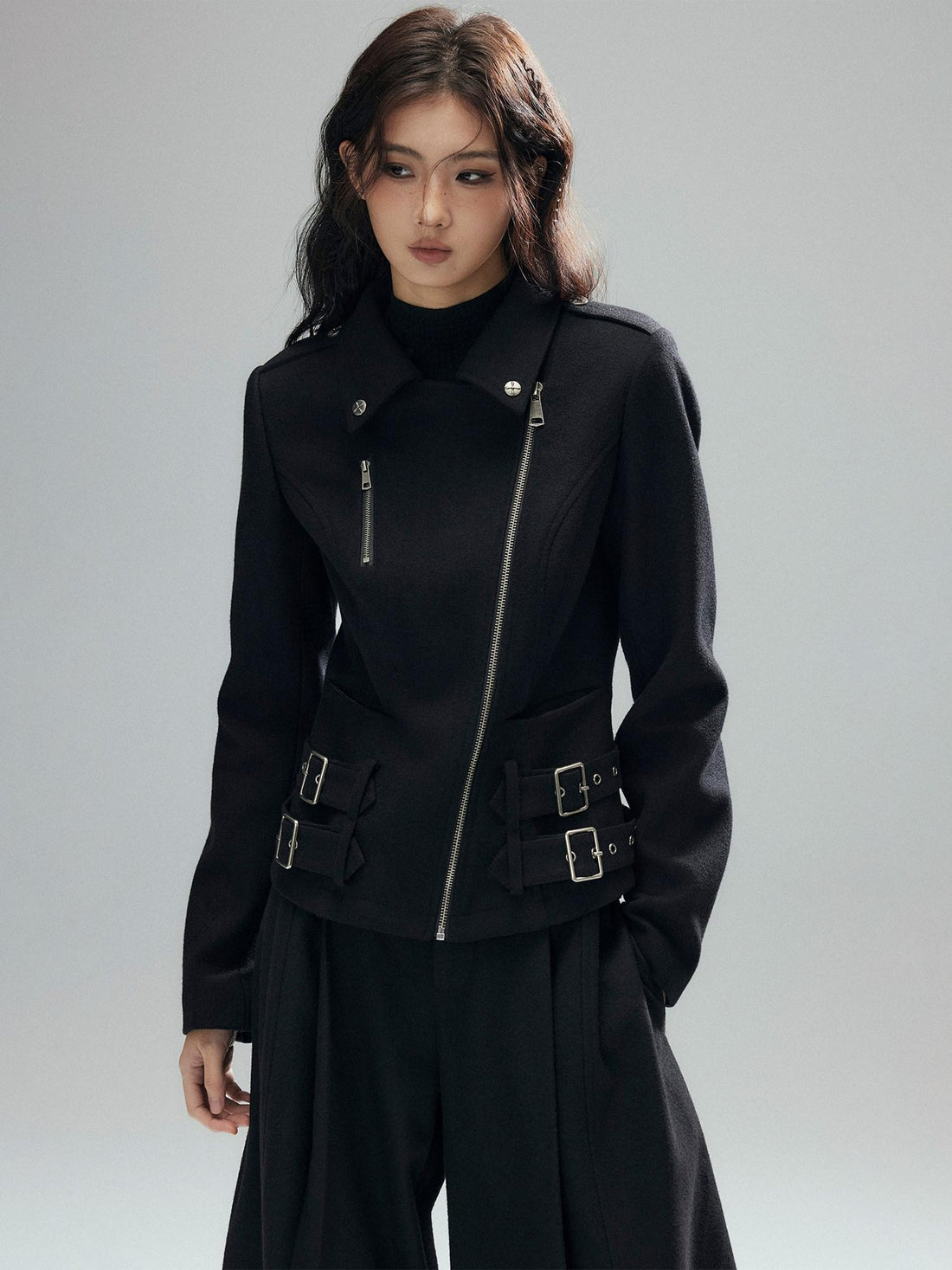 Low pixel Wool Blend Thick Slim Fit Street Euro Zip Front Black Cropped Jackets