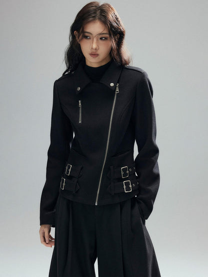 Low pixel Wool Blend Thick Slim Fit Street Euro Zip Front Black Cropped Jackets