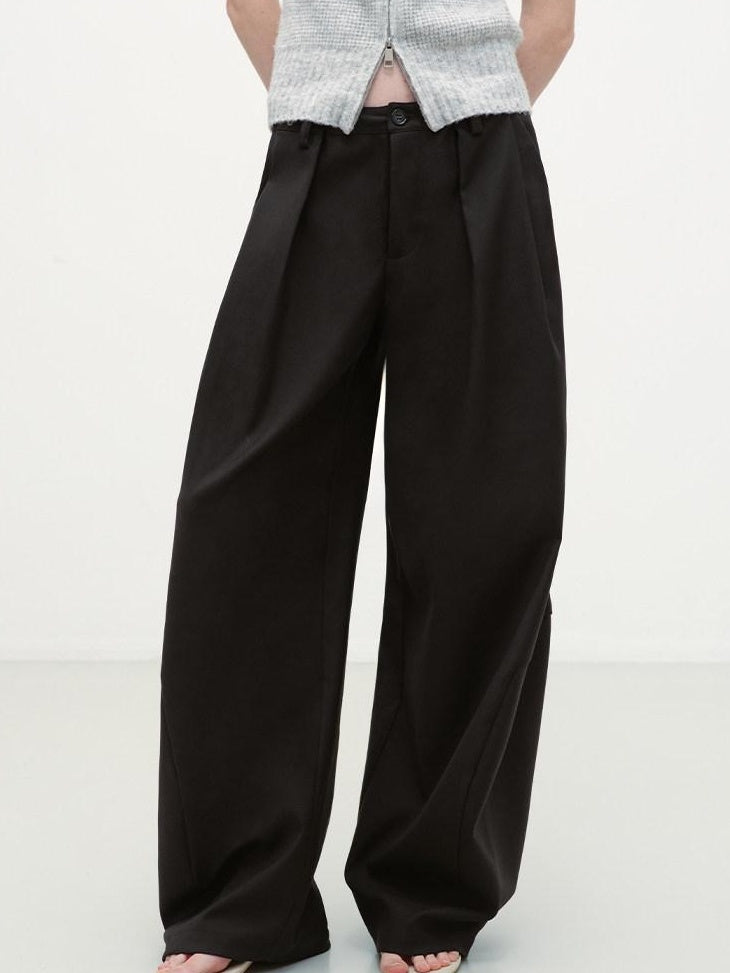 RUN TO THE FUTURE Pleated Minimalist Mid Rise Micro Stretch Casual Loose Fit Black Wide-Leg Pants
