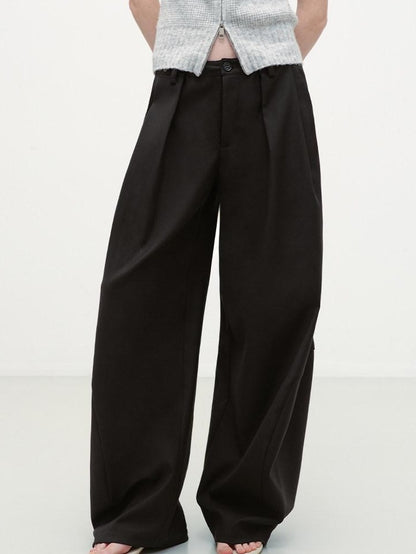 RUN TO THE FUTURE Pleated Minimalist Mid Rise Micro Stretch Casual Loose Fit Black Wide-Leg Pants