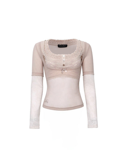 Flowers_birds_Market_Bow_Mesh_Patchwork_Slim_Casual_Cropped_Round_Neck_Women_Long_Sleeve_T-Shirts_MISSTT