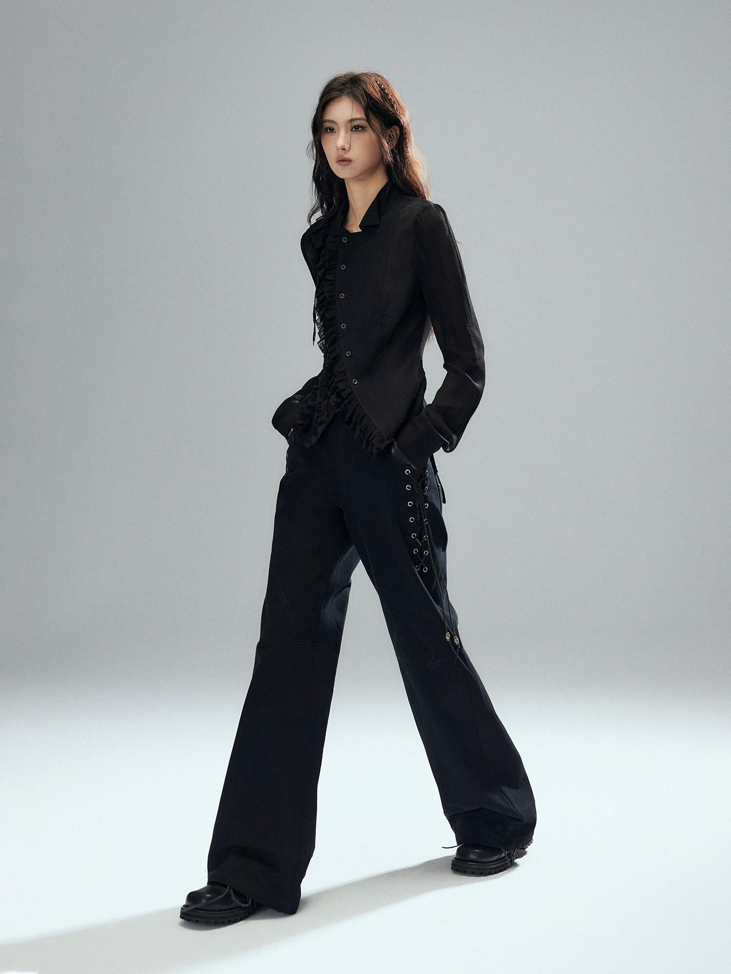 Low pixel Pure Cotton Low Rise Wide Leg Zipper Casual Womens Black Straight Pants