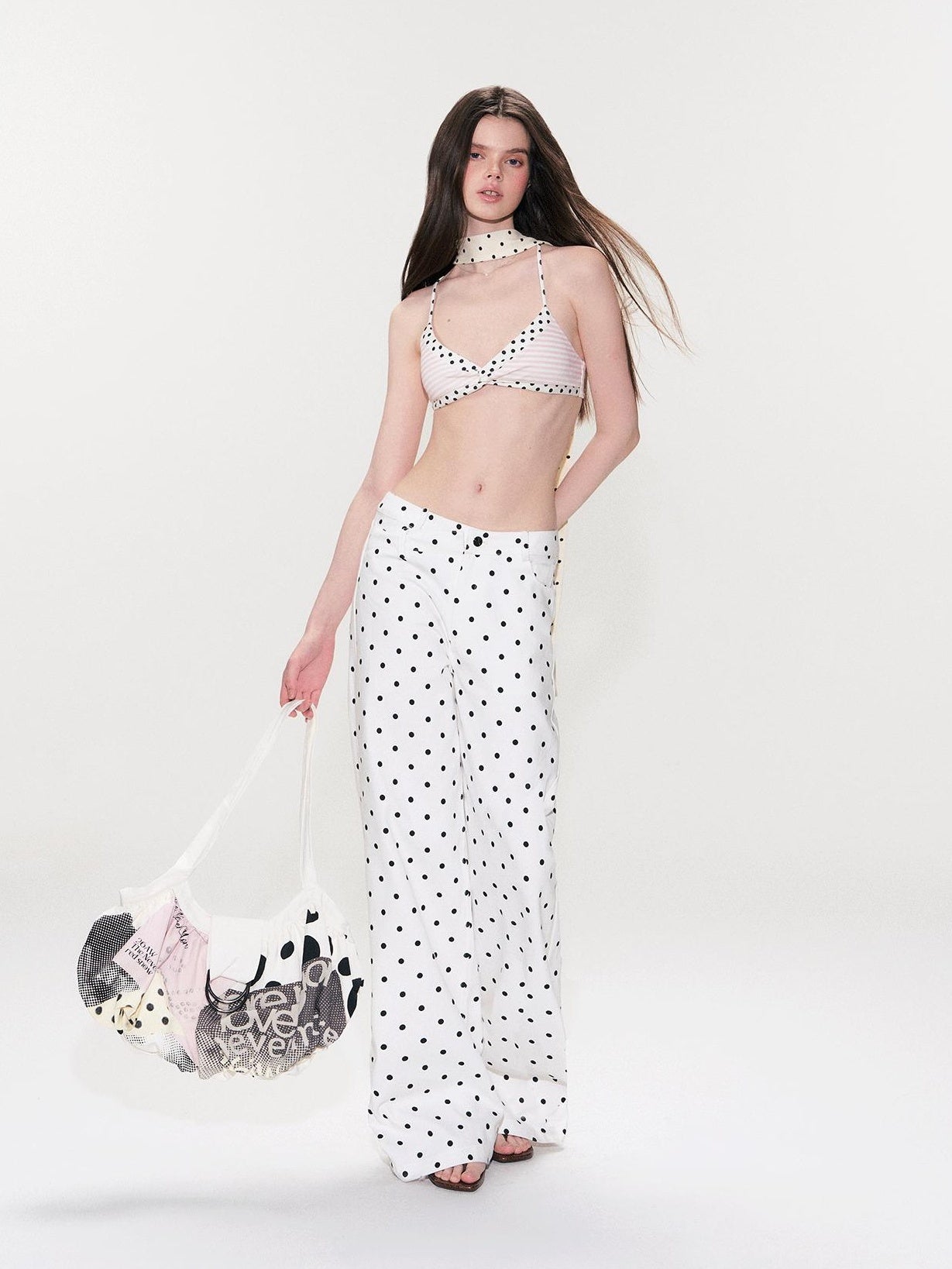 The NeverMore White Polka Dot V Waist Loose Fit Button Fly Women Denim Straight Leg Jeans