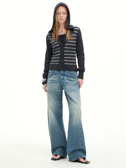 RUN TO THE FUTURE Washed Cotton Casual Natural Waist Topstitch Women Denim Blue Wide-Leg Jeans