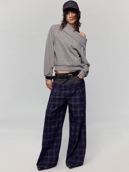 RUN TO THE FUTURE Original Double Waist Pockets Low Rise Wide Leg Women Blue Grey Plaid Chinos