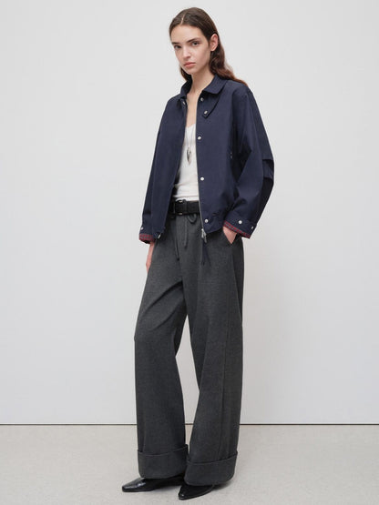 RUN TO THE FUTURE Windproof Lightweight American Loose Fit Plaid Zip Navy Women Windbreakers