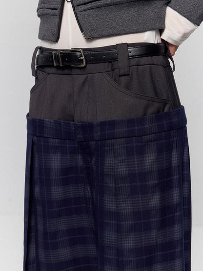 RUN TO THE FUTURE Original Double Waist Pockets Low Rise Wide Leg Women Blue Grey Plaid Chinos