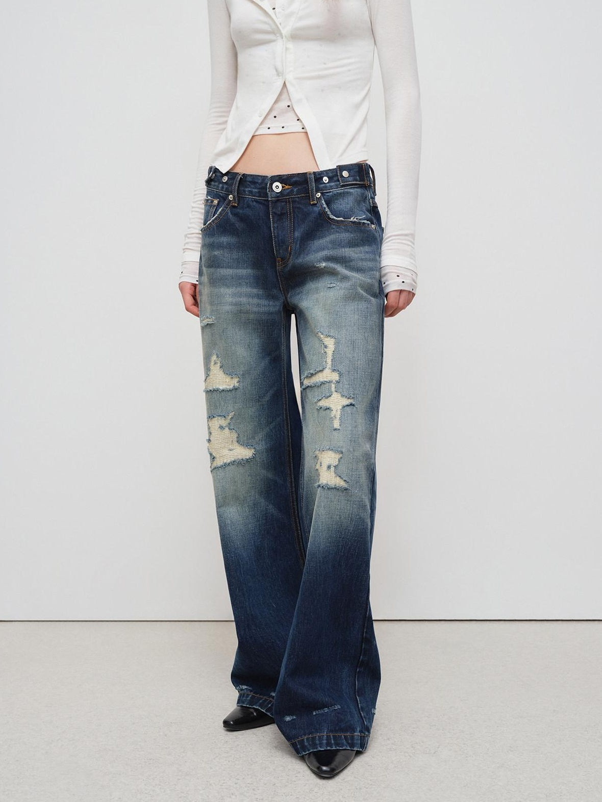 RUN TO THE FUTURE Vintage Distressed Low Rise Ripped Loose Fit Women Cotton Zipper Wide-Leg Jeans