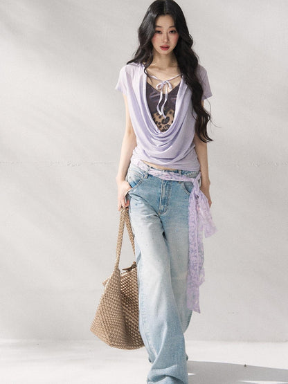 7Shiftin Purple Tie Front Relaxed Crew Neck Short Sleeve Casual Women Basic Crop Tops
