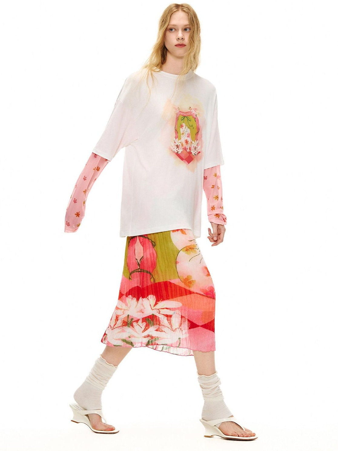 OuttheBlue Cat Garden Print Casual Loose Drop Shoulder Round Neck Long Sleeve T-Shirts