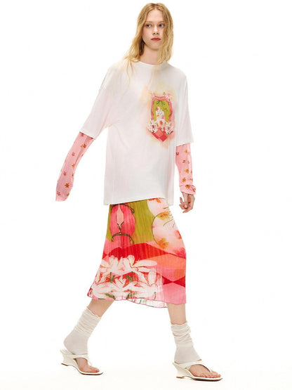 OuttheBlue Cat Garden Print Casual Loose Drop Shoulder Round Neck Long Sleeve T-Shirts