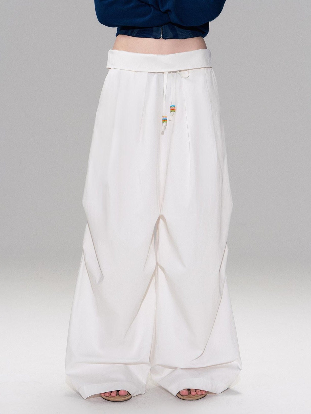 The NeverMore Cotton Blend Vintage Curved Cut Natural Waist Women White Wide Leg Pants