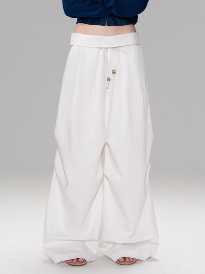 The NeverMore Cotton Blend Vintage Curved Cut Natural Waist Women White Wide Leg Pants