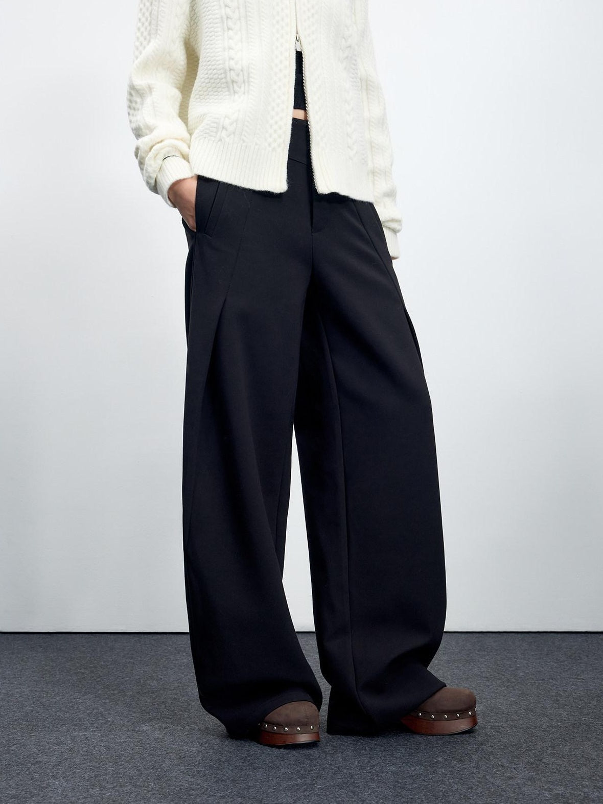 RUN TO THE FUTURE Flattering Mid Rise Minimalist Straight Cut Office Gray Black Wide-Leg Pants