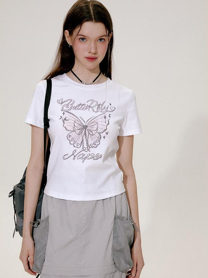 NAPSNAPS Hand Drawn Butterfly Print Slim Cropped Women&