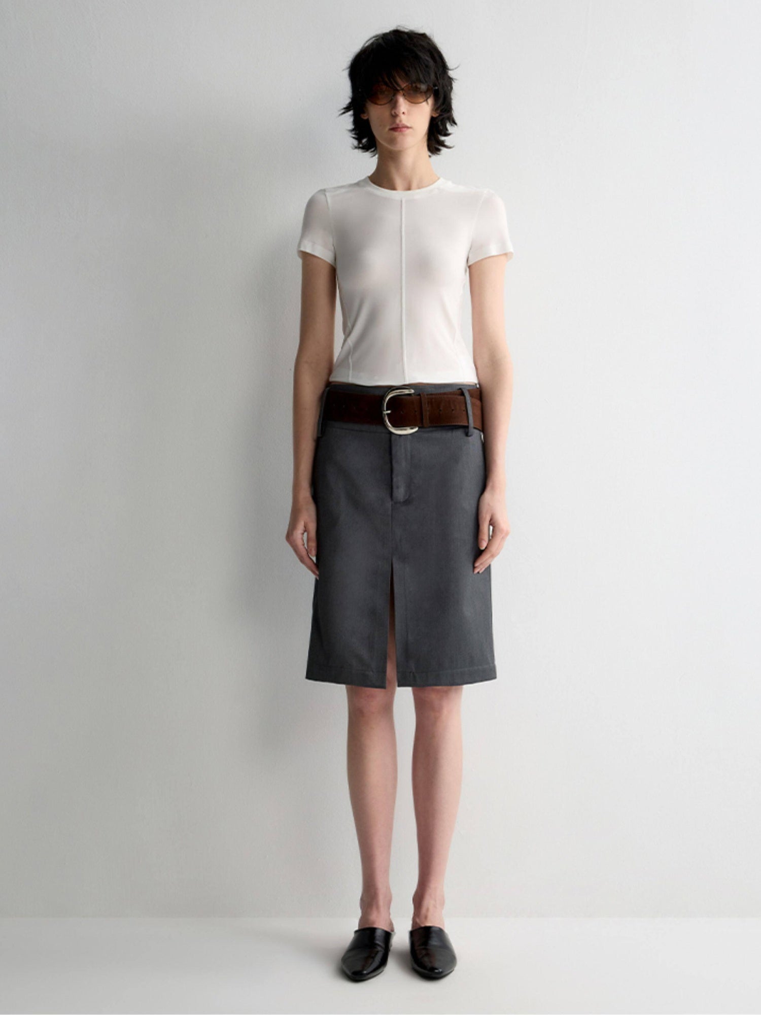 RUN TO THE FUTURE Lined Wool Blend Low Waist Pockets Vintage Office H Silhouette Midi Skirts