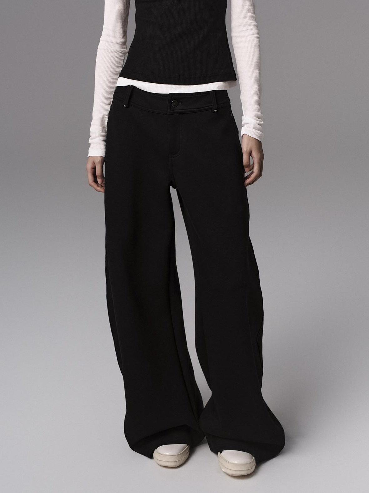 Low pixel Low Waist Dark Minimal Curved Button Fly Black Women Rayon Wide Leg Pants