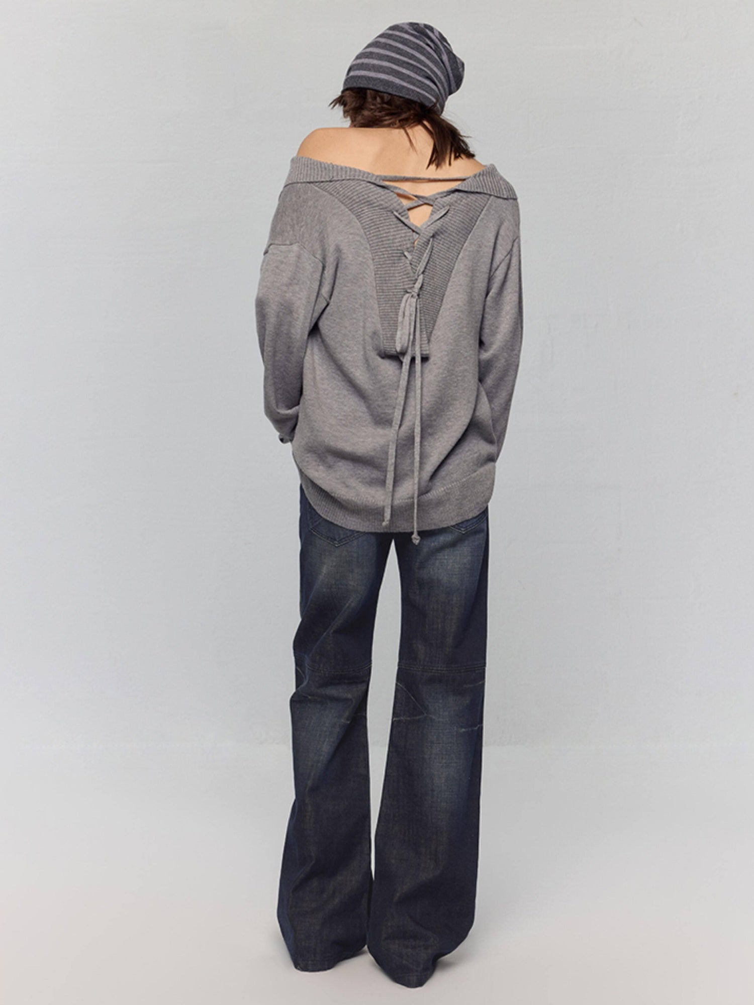 RUN TO THE FUTURE Vintage Commuter Loose Tie Asymmetric Neck Women Grey Knit Long Sleeve T-Shirts
