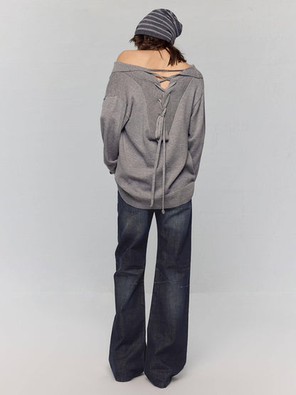 RUN TO THE FUTURE Vintage Commuter Loose Tie Asymmetric Neck Women Grey Knit Long Sleeve T-Shirts