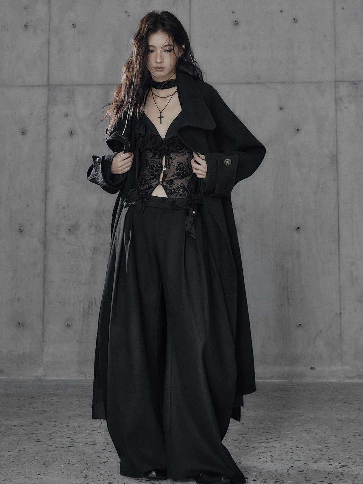 Low pixel Thick Wool Blend Oversized Streetwear European Long Zip Lapel Black Wool Coats