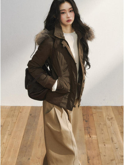 7Shiftin Warm Hooded Two Tone Fur Collar Toggle Closure Short Casual Women Puffer Jackets
