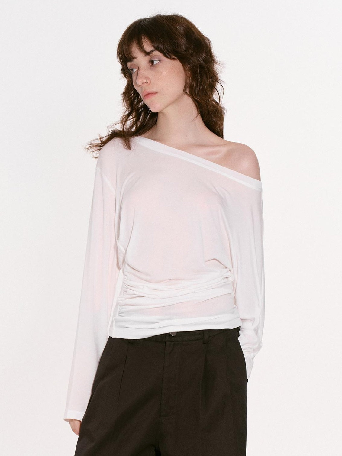 RUN TO THE FUTURE Moisture Wicking Lyocell Slim Asymmetric Neck Women Solid Long Sleeve T-Shirts