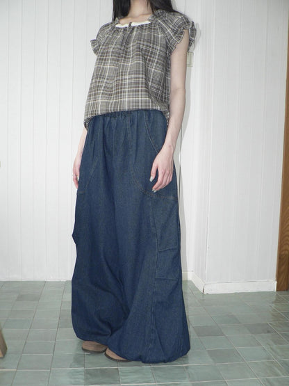 ang project Deep Blue Vintage Pleated Elastic Waist Loose Fit Women&