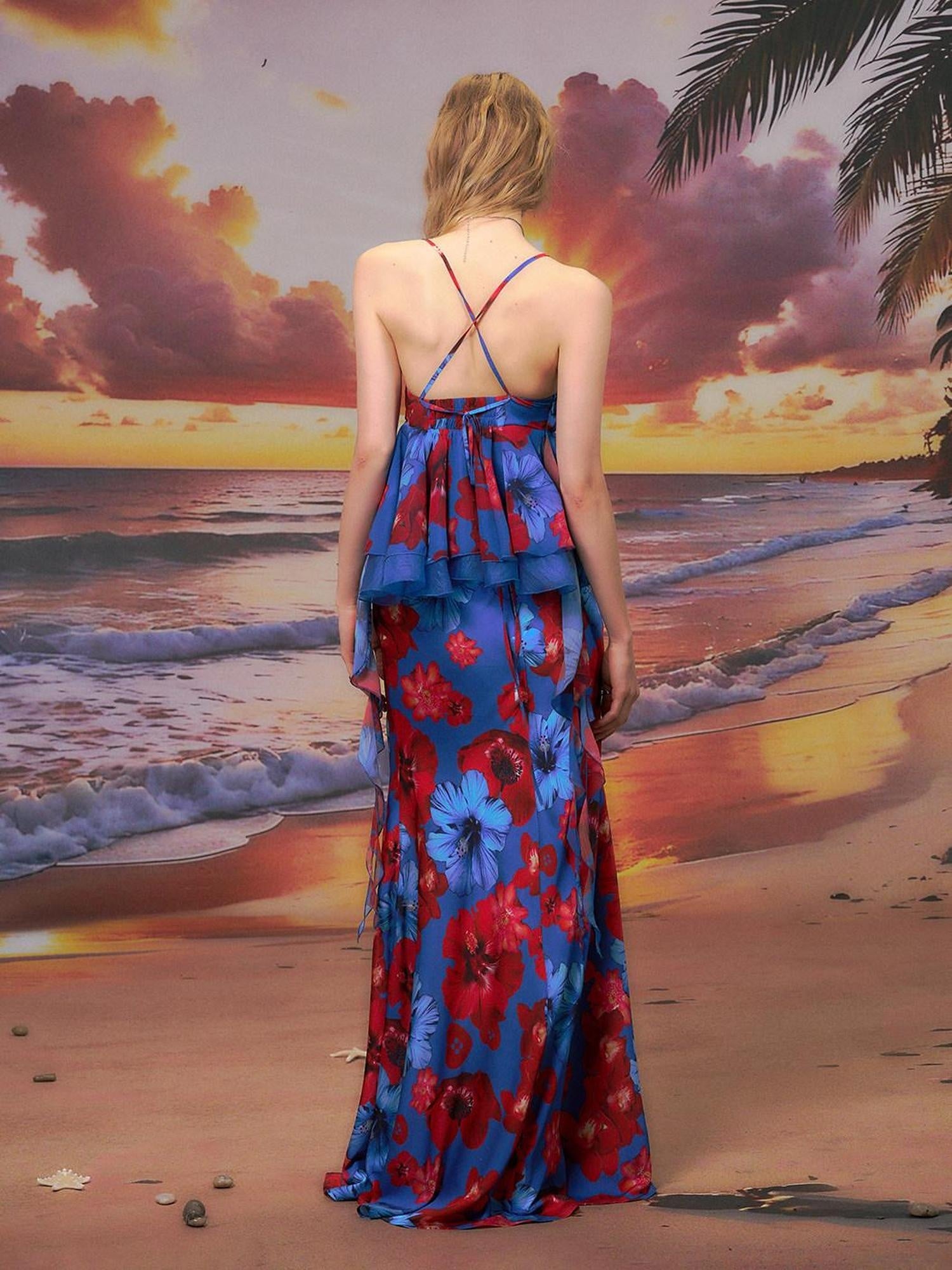 The NeverMore Chic Floral Two Piece Sexy Spaghetti Strap Blue Polyester Women Maxi Dresses