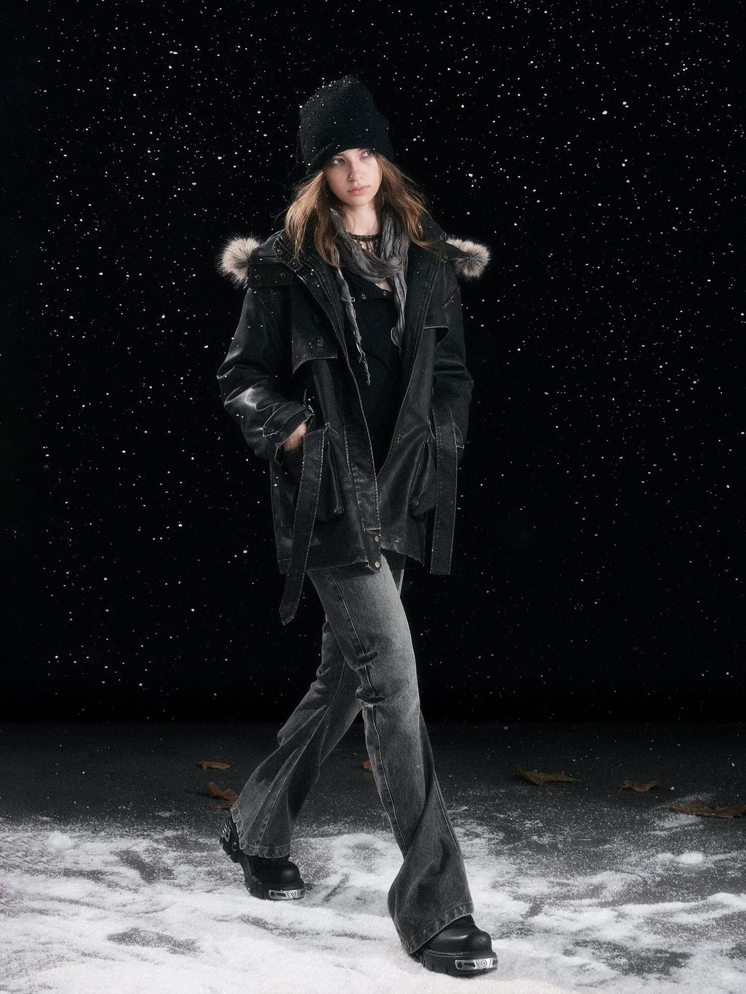 Cest Nous Fur Collar Hooded Utility Distressed Women&