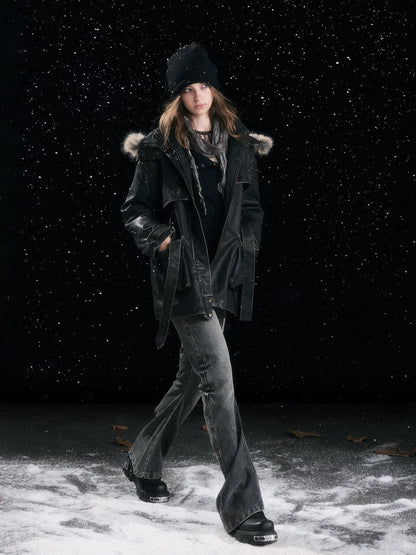 Cest Nous Fur Collar Hooded Utility Distressed Women&