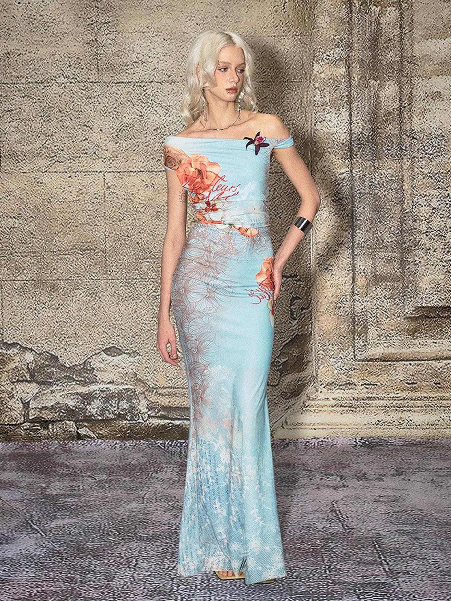 The NeverMore Elegant High Waist One Shoulder Mermaid Stretch Polyester Vacation Maxi Dresses