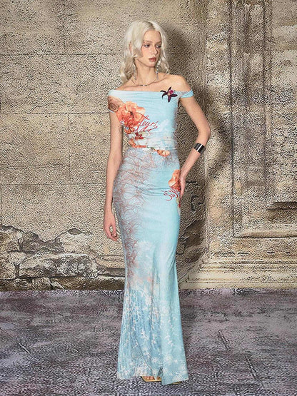 The NeverMore Elegant High Waist One Shoulder Mermaid Stretch Polyester Vacation Maxi Dresses