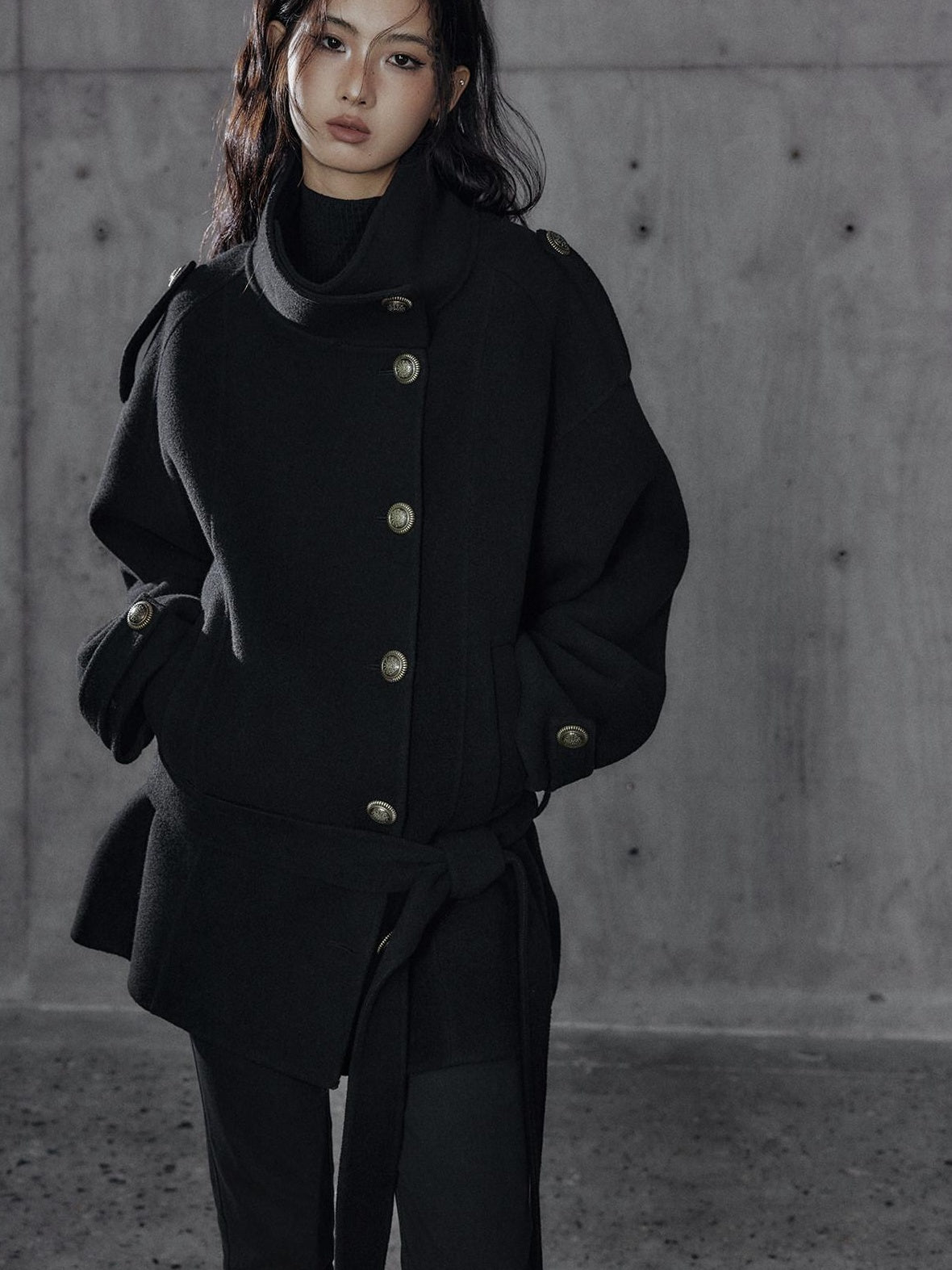 Low pixel Warm Oversized Street Midlength Notch Lapel Wool Cashmere Black Wool Coats