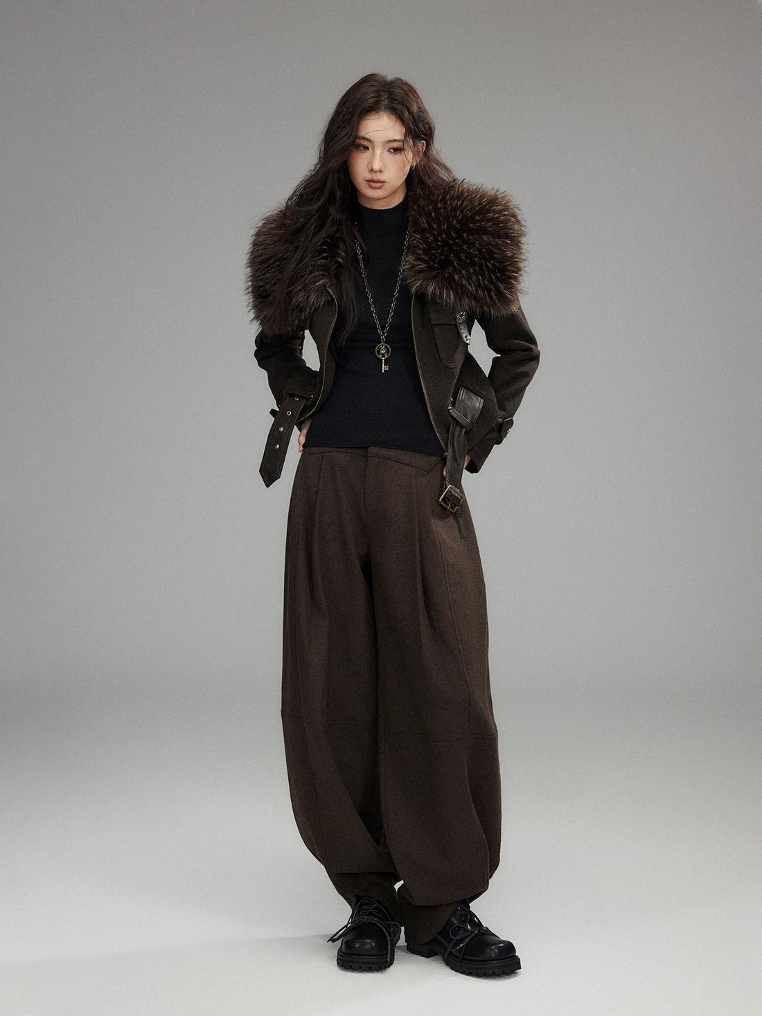 Low pixel Thick Wool Blend Slim Fit Sexy Lapel Zipper Brown Everyday Women Cropped Jackets