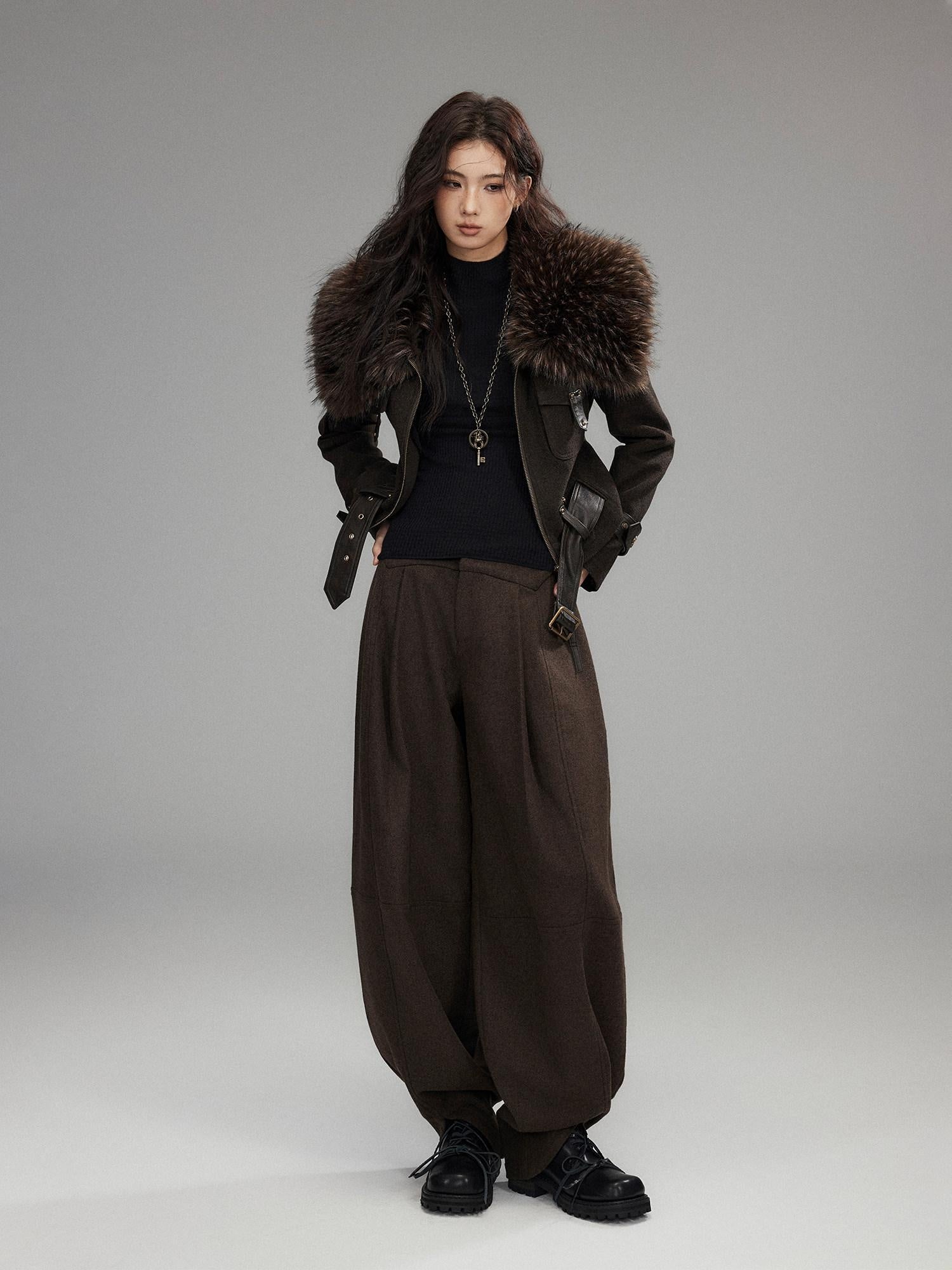 Low pixel Thick Wool Blend Slim Fit Sexy Lapel Zipper Brown Everyday Women Cropped Jackets