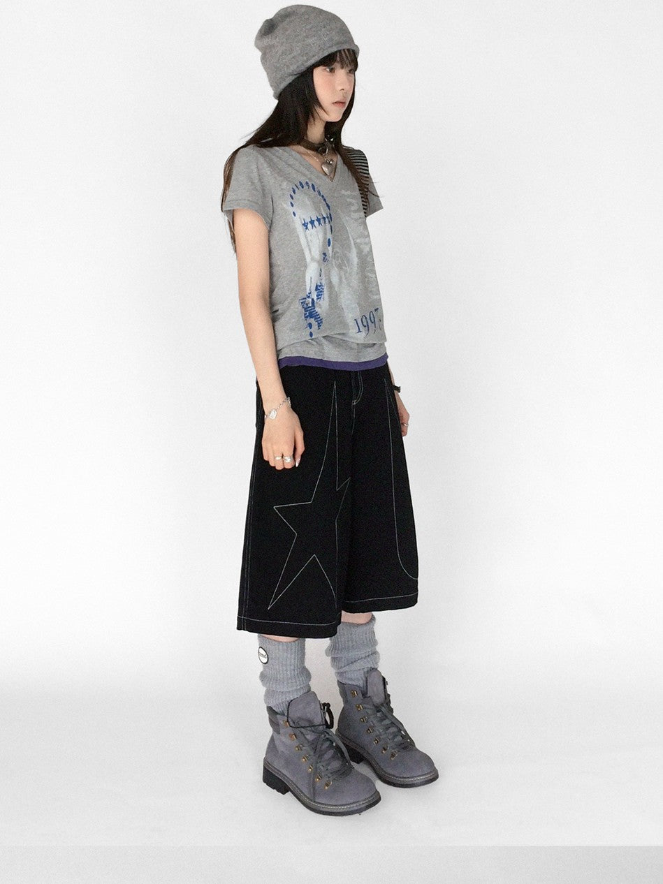 innomoood Heather Distressed Print Colorblock V-neck Women&