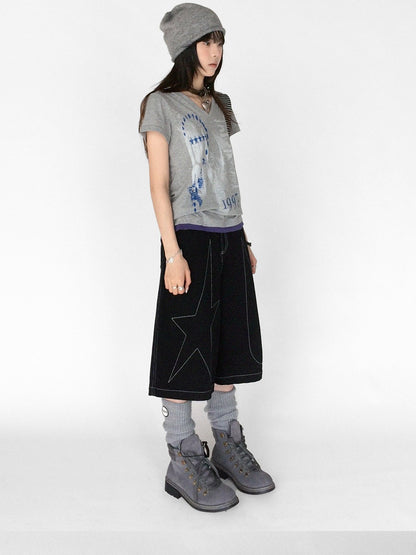 innomoood Heather Distressed Print Colorblock V-neck Women&