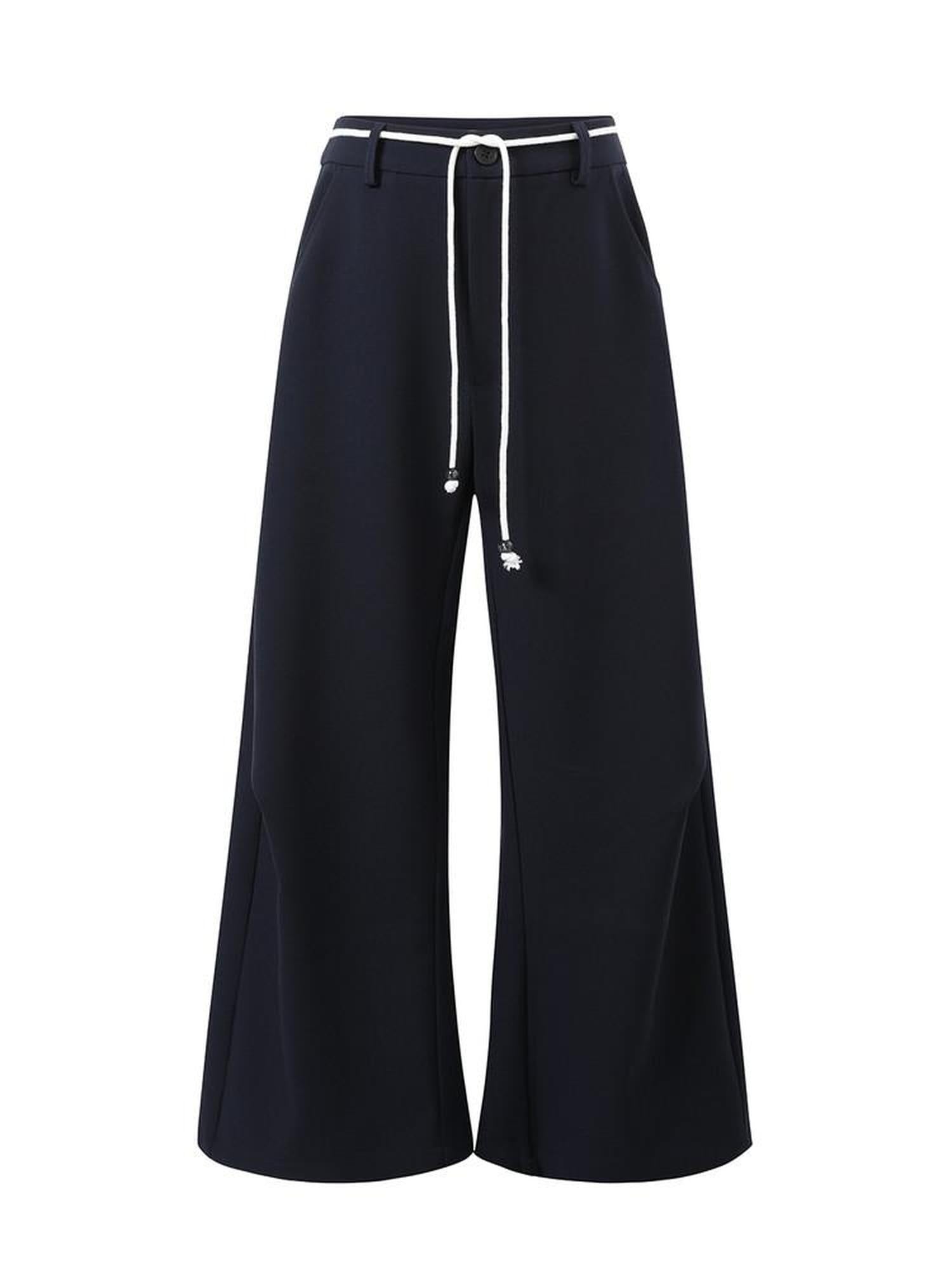 7Shiftin Versatile Minimal Straight Cut Natural Elastic Waist Women Navy Wide Leg Pants