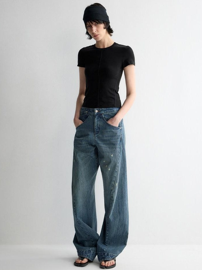 RUN TO THE FUTURE Ripped Washed Durable Low Rise Relaxed Fit Vintage Blue Wide-Leg Jeans