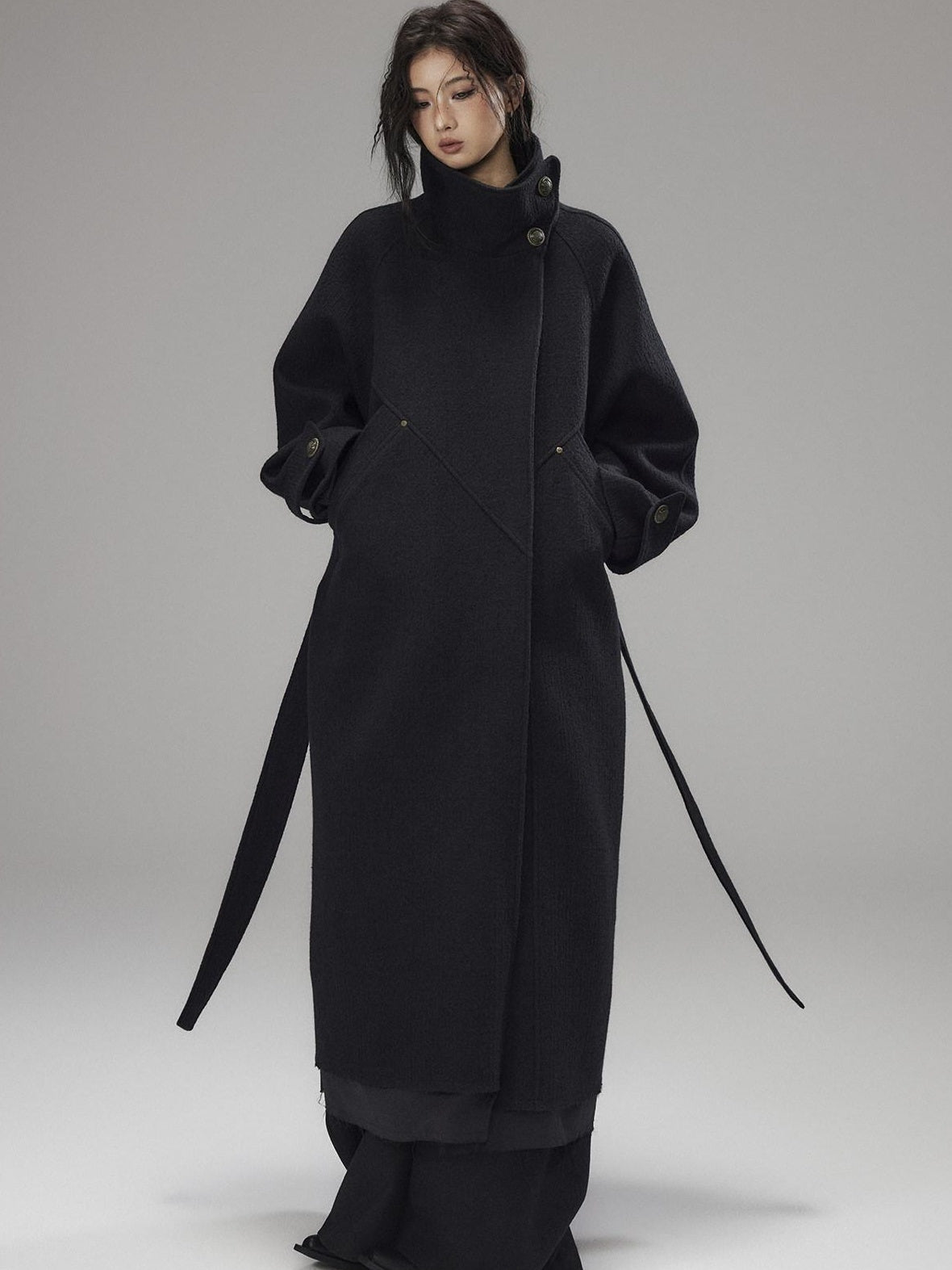 Low pixel Thick Wool Blend Oversized Streetwear European Long Zip Lapel Black Wool Coats