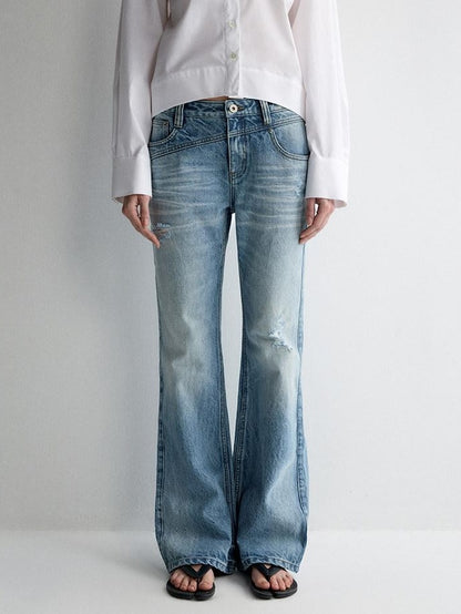 RUN TO THE FUTURE Ripped Low Rise Wide Leg Casual Loose Fit Vintage Ice Blue Denim Straight Jeans
