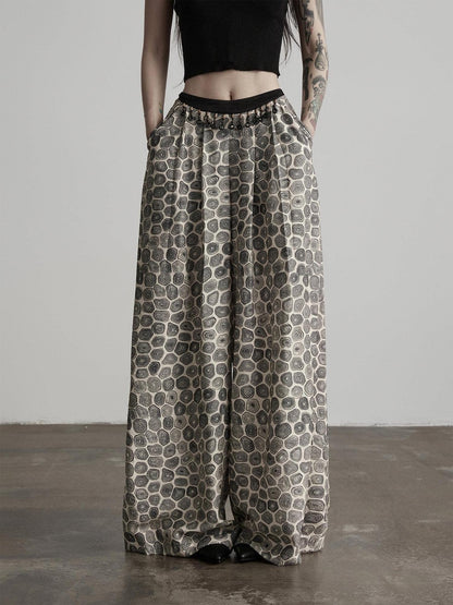 INDULGE Durable Viscose Blend Vintage Patchwork Abstract Pockets Women Wide-Leg Pants