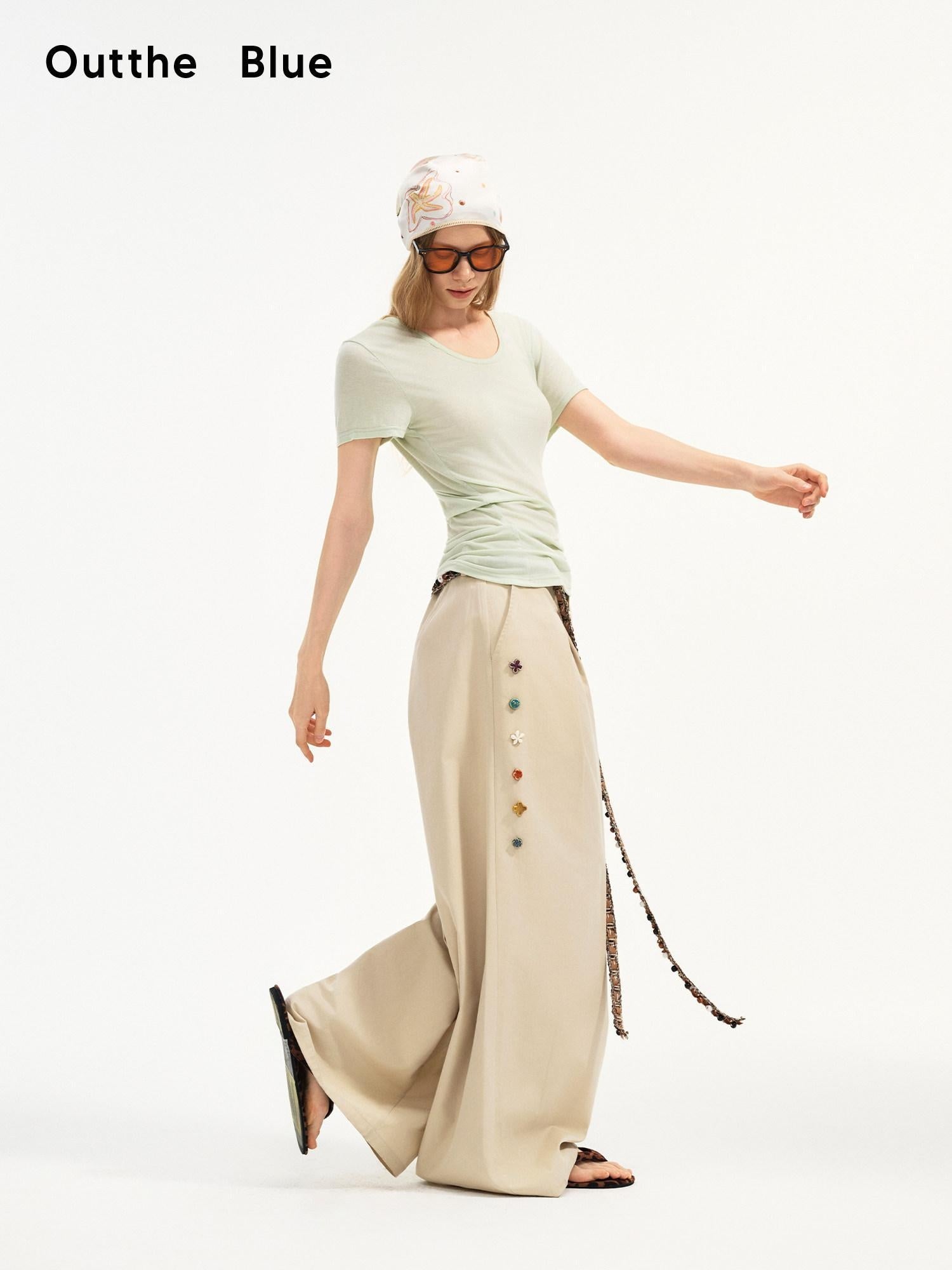 OuttheBlue Cotton Lyocell Minimal Natural Waist Zipper Light Grey Khaki Wide Leg Pants