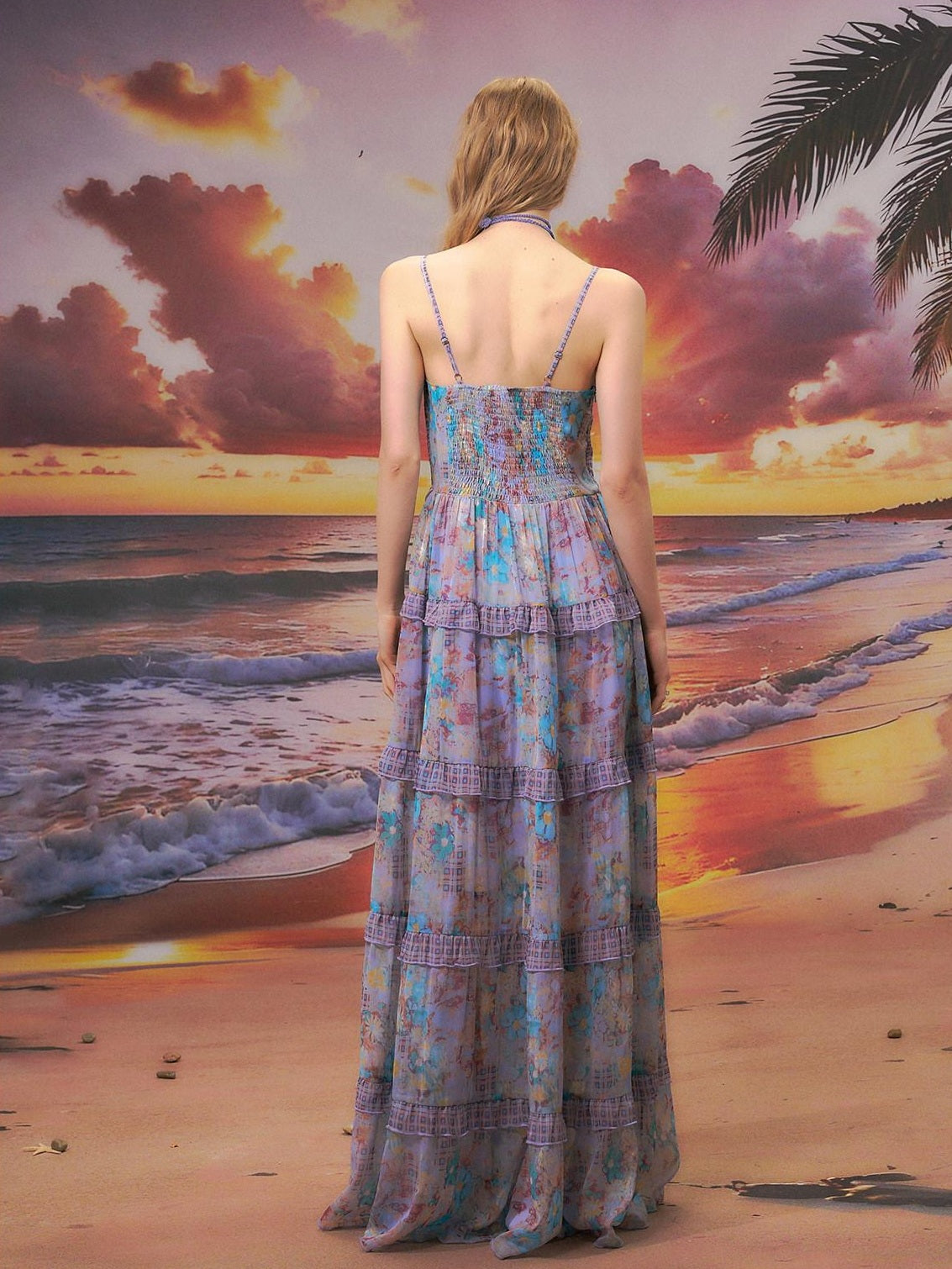 The NeverMore High Waist A Line V-neck Strappy Street Women Blue Purple Polyester Maxi Dresses