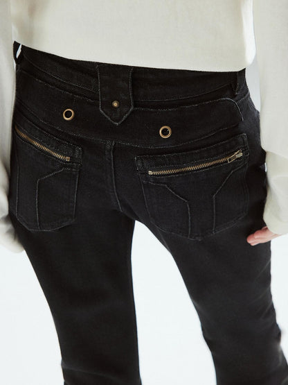 Low pixel Pleated Low Rise Black Micro Stretch Street Slim Everyday Straight Leg Jeans