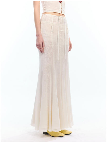 2th Desire High Waist Lyocell Cotton Patchwork Fishtail Tie Waist Women Maxi Skirts