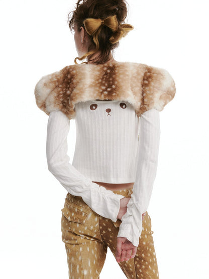 nit alcove Pure Cotton Long Sleeve Casual Cute Bear Women Off Shoulder Crop Tops